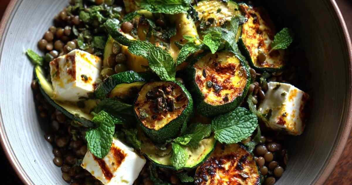 Salade de lentilles vertes aux courgettes grillées et feta marinée dans un saladier