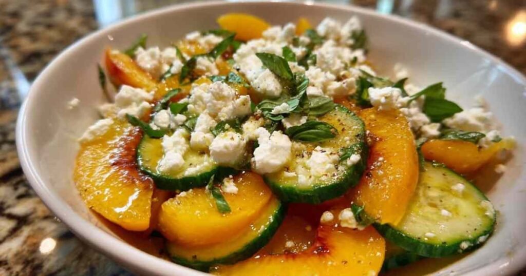 Salade de nectarines, concombre et feta dans un saladier blanc