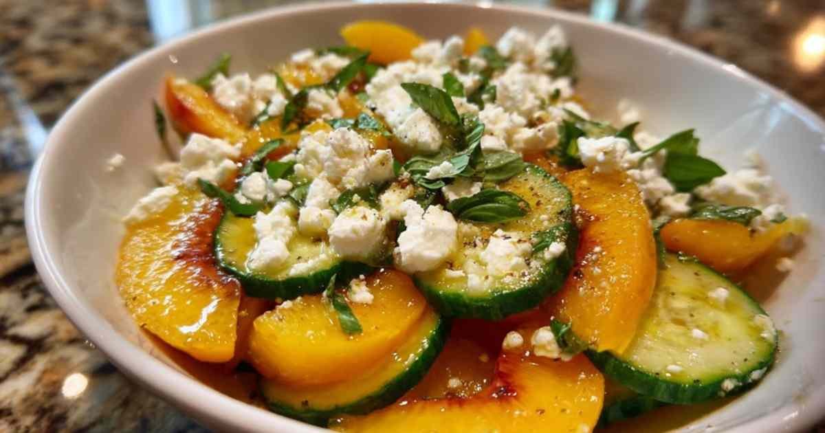 Salade de nectarines, concombre et feta dans un saladier blanc