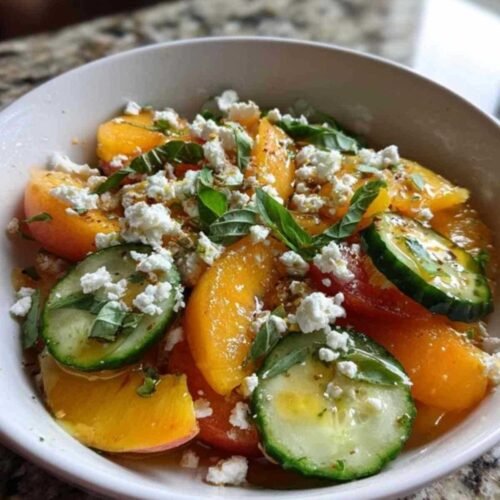Ingrédients pour salade nectarines feta disposés sur plan de travail