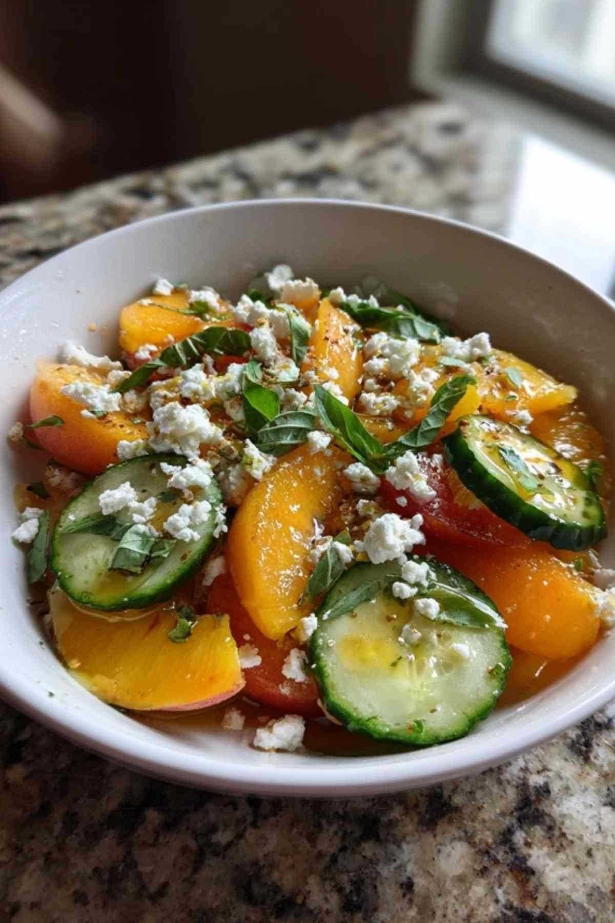 Ingrédients pour salade nectarines feta disposés sur plan de travail