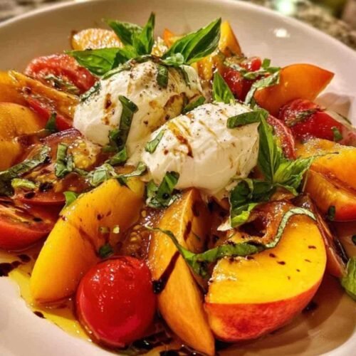 Salade de pêches burrata avec tomates cerises et basilic sur assiette blanche