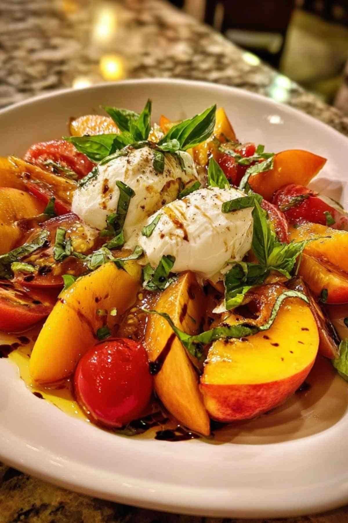 Salade de pêches burrata avec tomates cerises et basilic sur assiette blanche