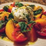 Gros plan burrata ouverte avec pêches dans salade estivale