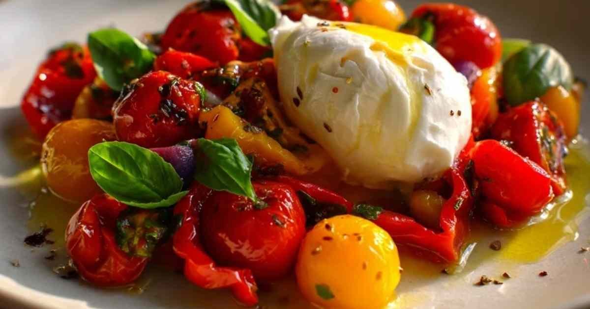 Salade de poivrons grillés colorés avec burrata crémeuse au centre