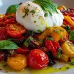 Burrata fraîche déchirée à la main révélant sa texture crémeuse