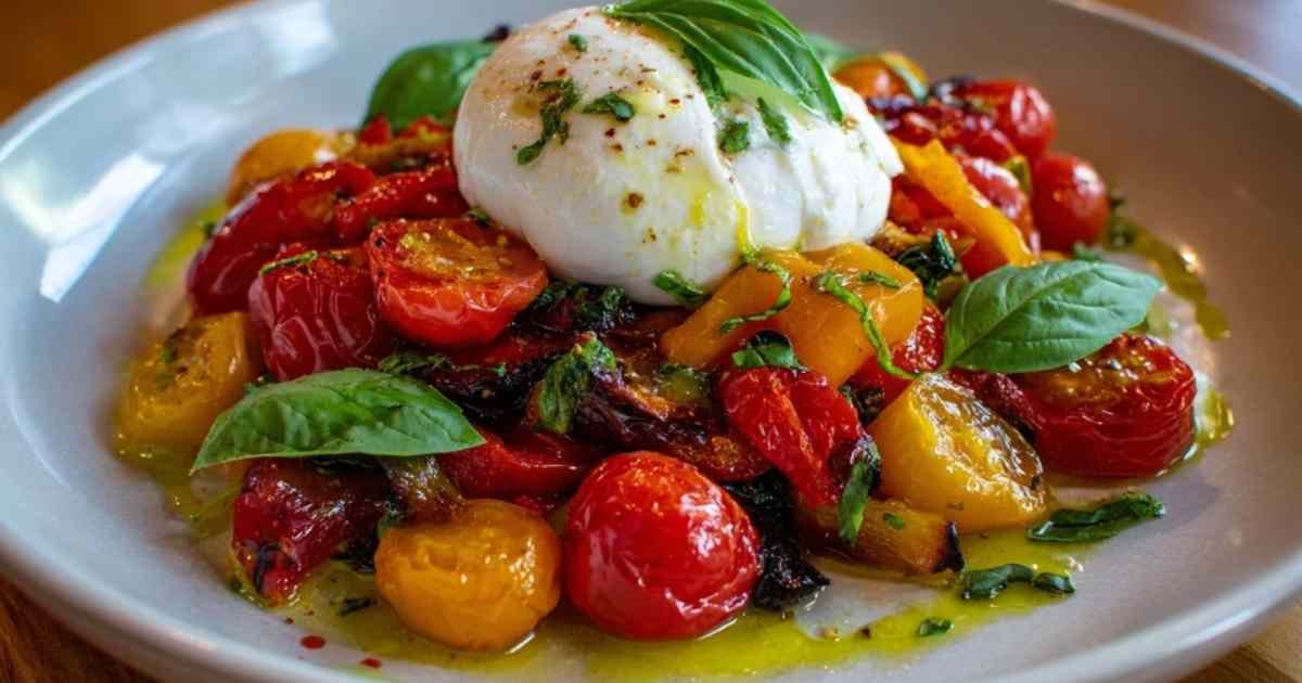 Burrata fraîche déchirée à la main révélant sa texture crémeuse