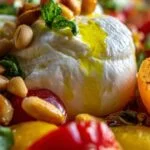Salade de tomates colorées et abricots rôtis avec burrata crémeuse et pignons