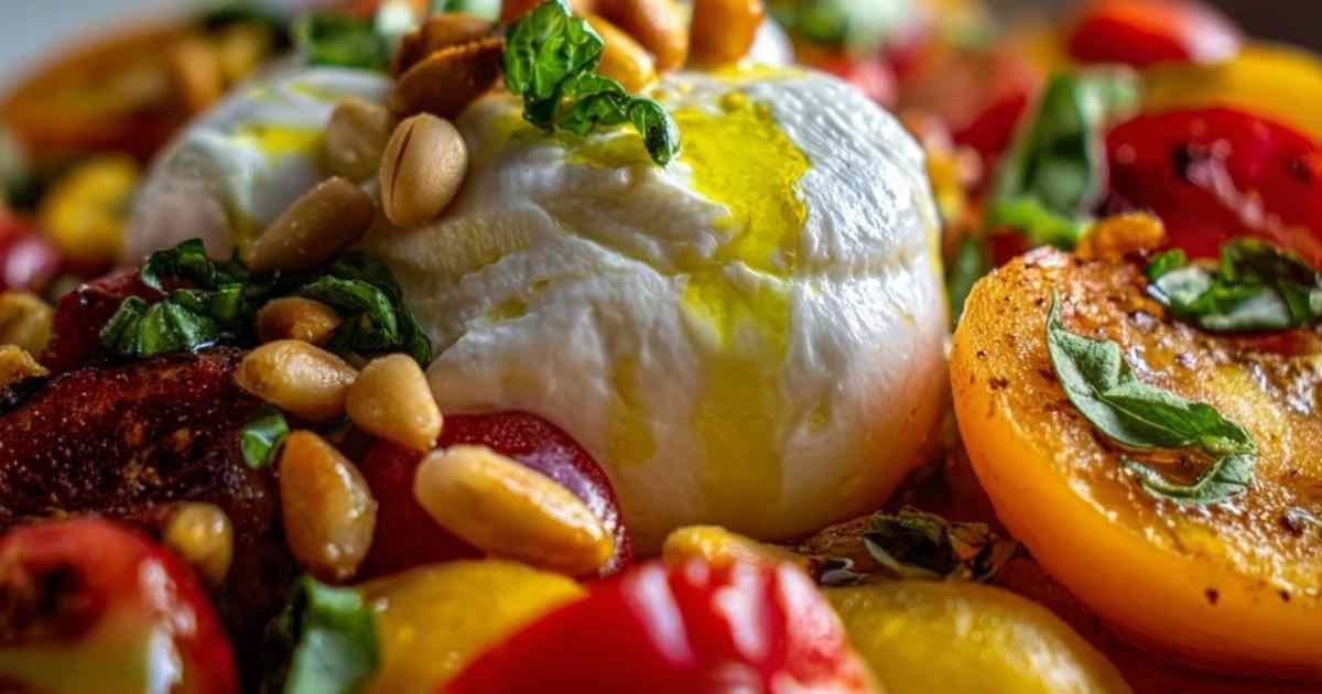 Salade de tomates colorées et abricots rôtis avec burrata crémeuse et pignons