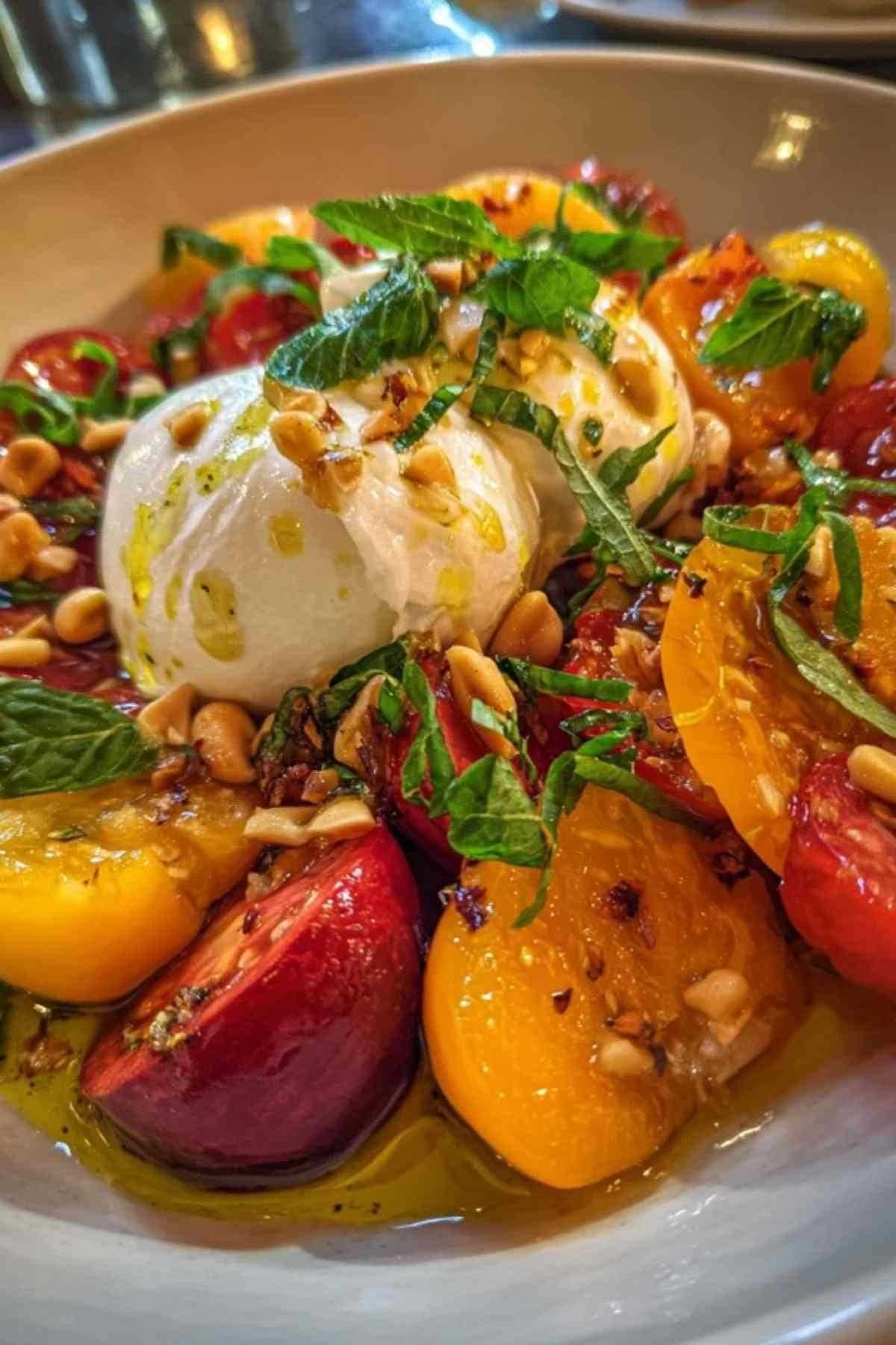 Ingrédients pour salade tomates abricots : burrata, tomates variées, abricots frais, pignons