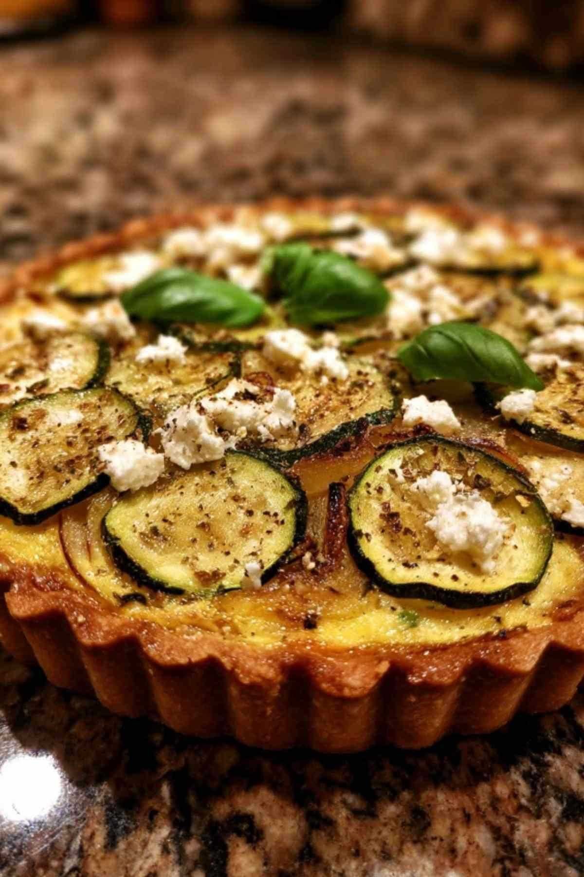 Ingrédients tarte courgette feta disposés : courgettes, feta, œufs, crème fraîche, herbes