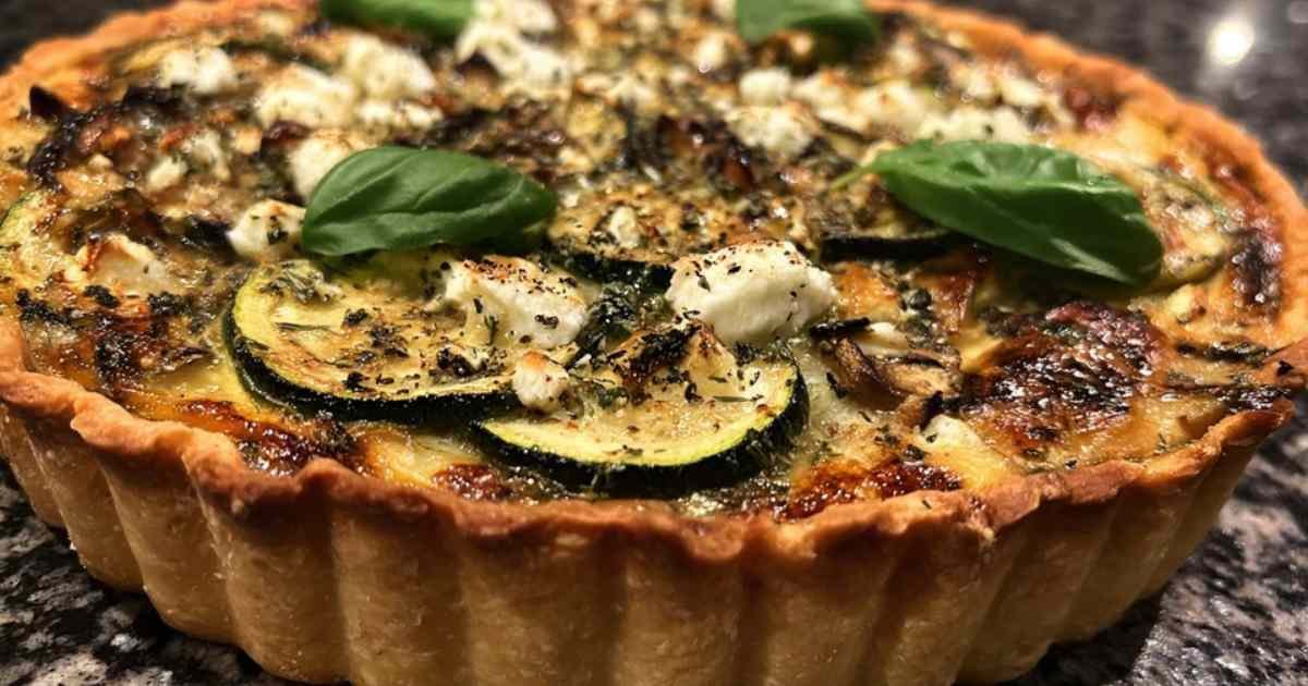 Tarte courgette feta dorée dans un moule, garnie de basilic frais