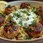 Assiette de boulettes grecques orzo citronné avec crème de feta