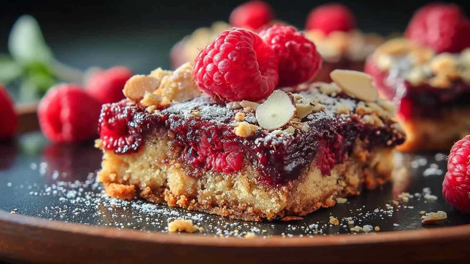 Carrés aux framboises et amandes coupés en portions