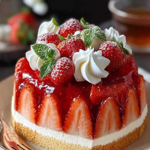 Charlotte aux fraises élégante avec biscuits roses et fraises fraîches