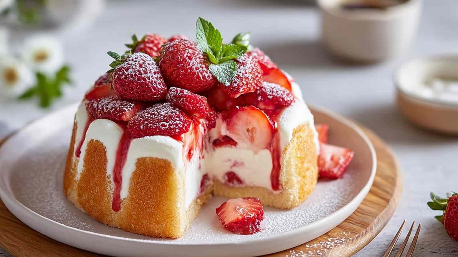 Charlotte aux fraises élégante avec biscuits roses et fraises fraîches