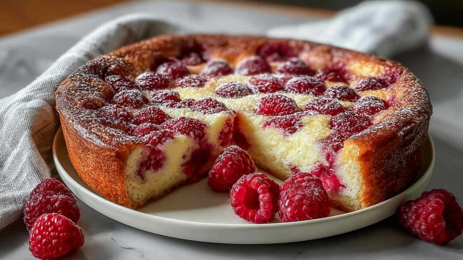 Clafoutis aux framboises doré dans un moule blanc