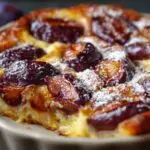 Clafoutis aux prunes doré sortant du four dans un moule en céramique