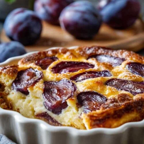 Clafoutis aux prunes doré sortant du four dans un moule en céramique