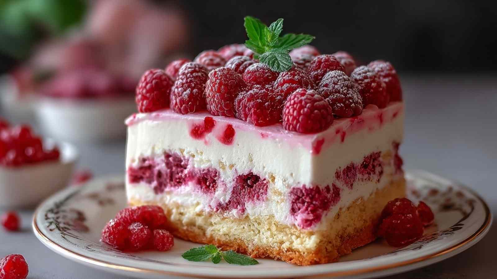 Framboisier léger fait maison avec mousse aérienne et framboises fraîches