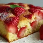 Gâteau moelleux aux fraises fraîches coupé en parts sur assiette blanche