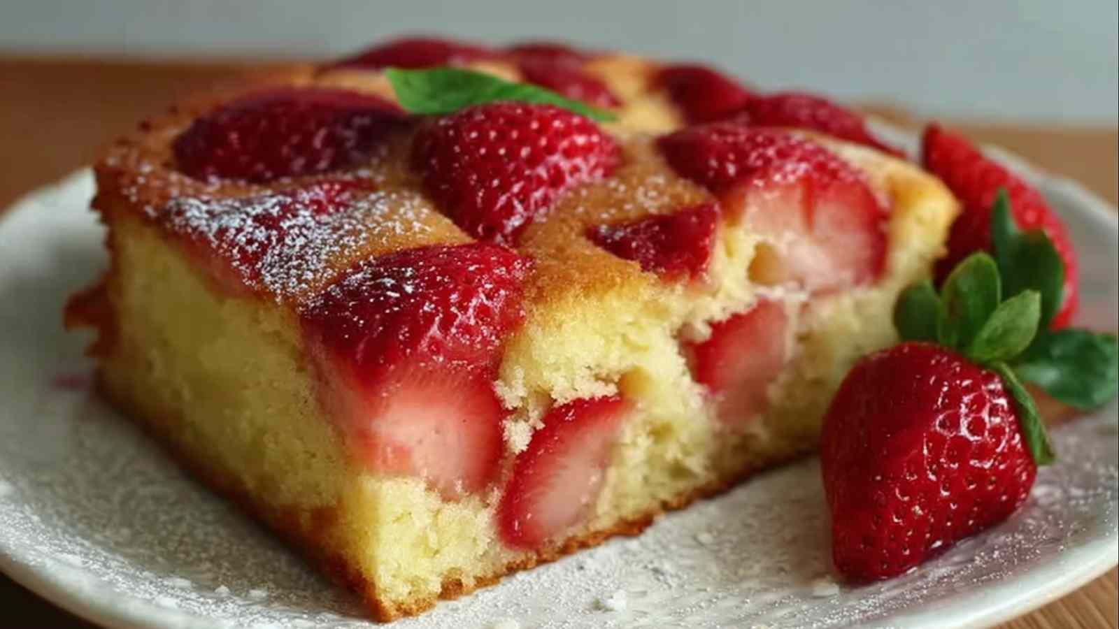 Gâteau moelleux aux fraises fraîches coupé en parts sur assiette blanche