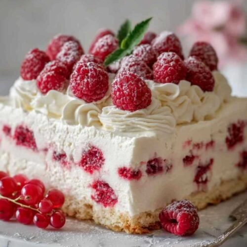 Gâteau sans cuisson aux framboises avec couches de crème et framboises fraîches