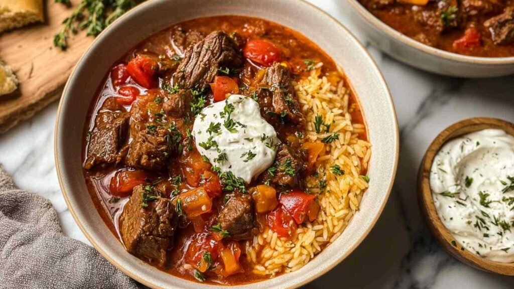Giouvetsi au bœuf grec traditionnel avec pâtes orzo et sauce tomate