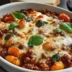 Gratin de gnocchis à la bolognaise doré au four avec fromage fondu