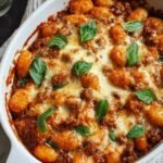 Gratin de gnocchis à la bolognaise doré au four avec fromage fondu