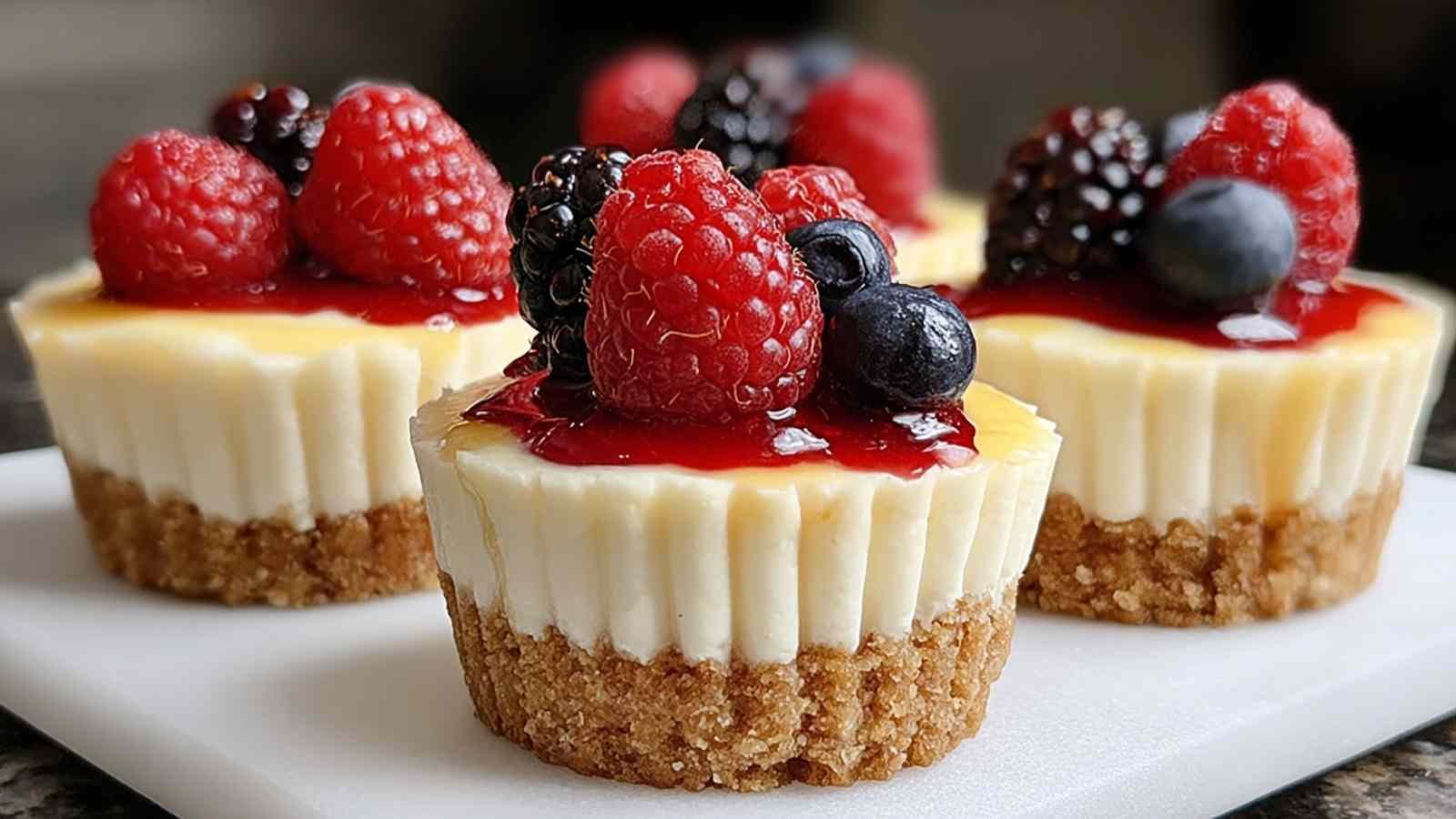 Mini cheesecakes individuels sur assiette blanche
