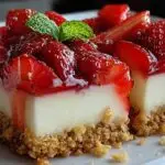 Morceaux cheesecake croustillant fraise découpés avec sauce et garniture croustillante