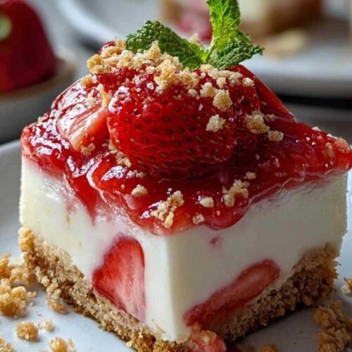Morceaux cheesecake croustillant fraise découpés avec sauce et garniture croustillante