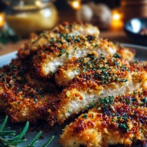 Poulet doré croustillant au parmesan servi sur assiette