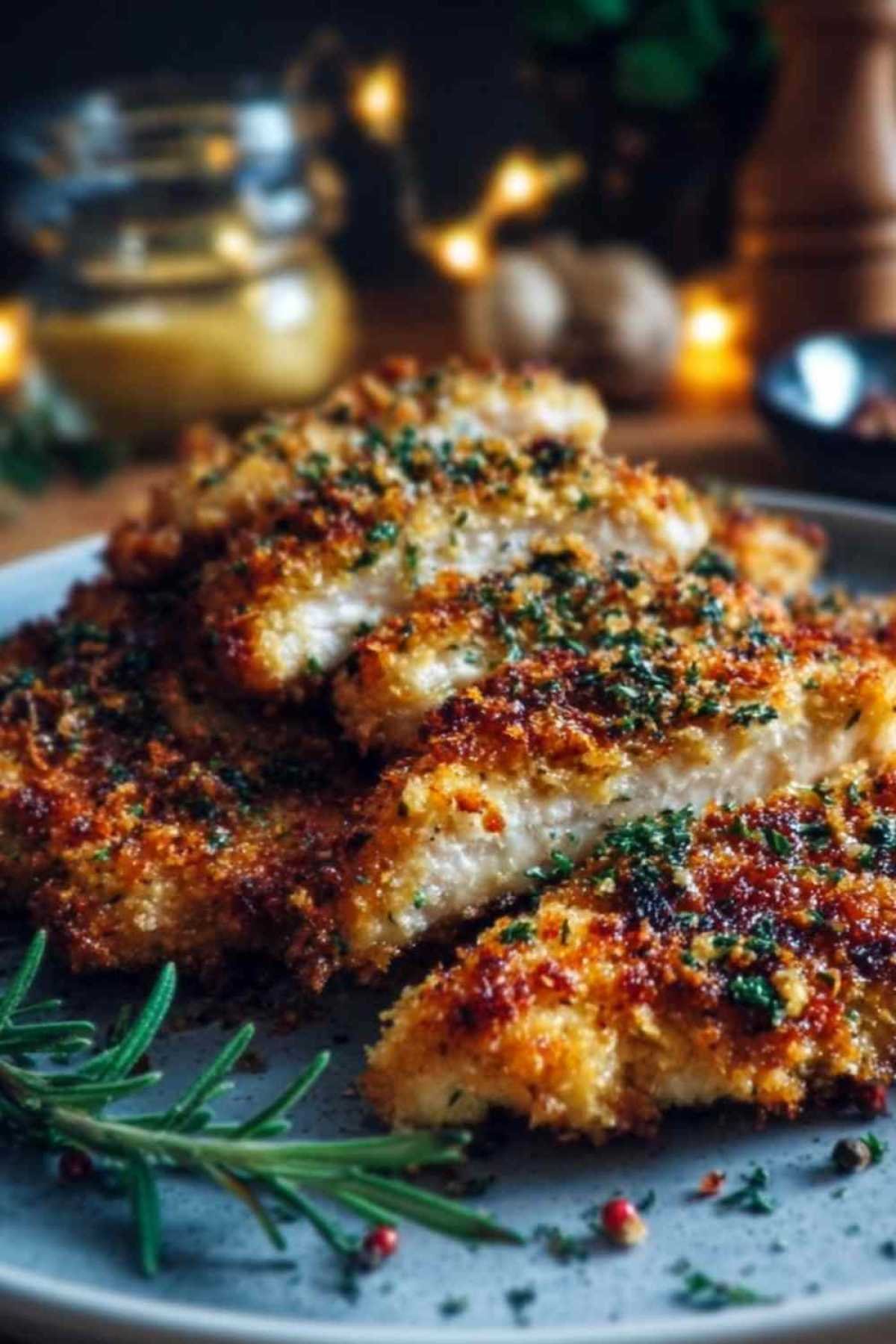 Poulet doré croustillant au parmesan servi sur assiette