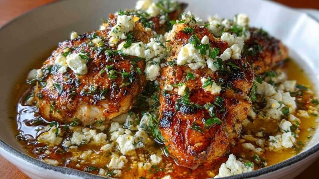 Poulet doré garni de feta et arrosé de miel piquant dans une poêle