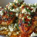Poulet doré garni de feta et arrosé de miel piquant dans une poêle