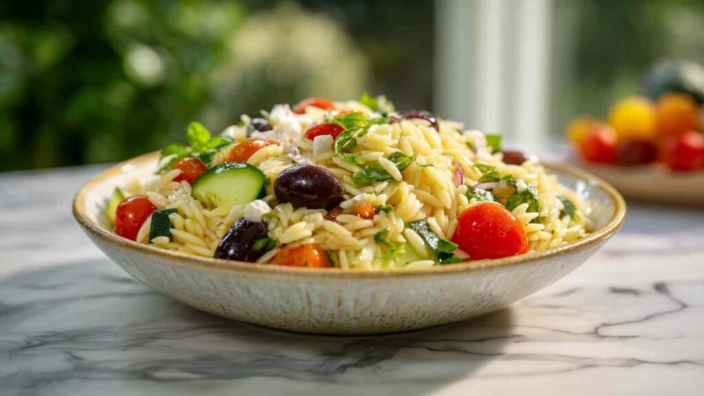 Salade de Pâtes Orzo Italienne colorée avec poivrons tomates cerises et basilic frais
