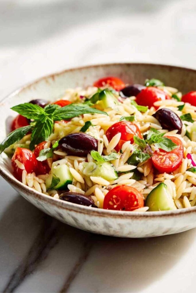 Salade de pâtes orzo colorée dans un grand saladier avec légumes frais