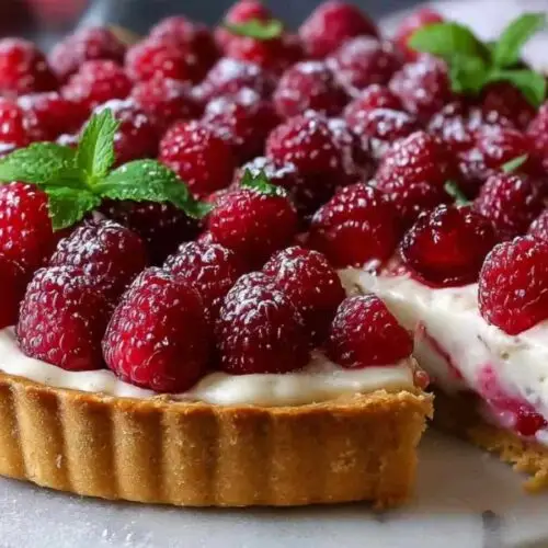Tarte au mascarpone et framboises sur assiette blanche