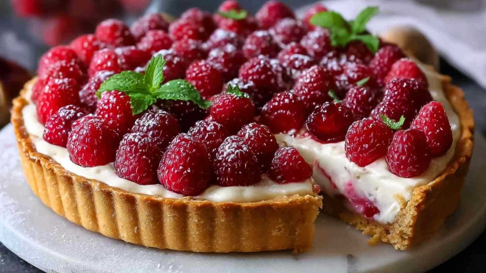 Tarte au mascarpone et framboises sur assiette blanche