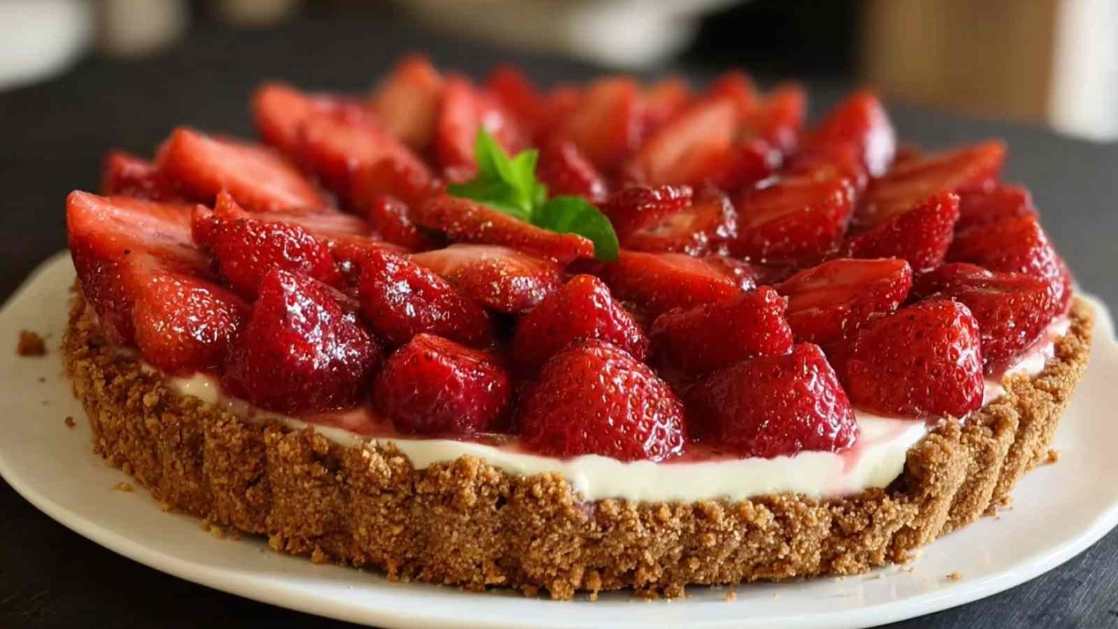 Tarte aux fraises et spéculoos sans cuisson sur plat blanc