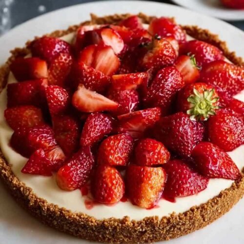 Tarte aux fraises et spéculoos sans cuisson sur plat blanc