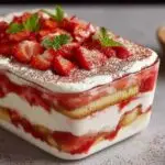 Tiramisu aux fraises express dans un plat transparent avec décoration de fraises