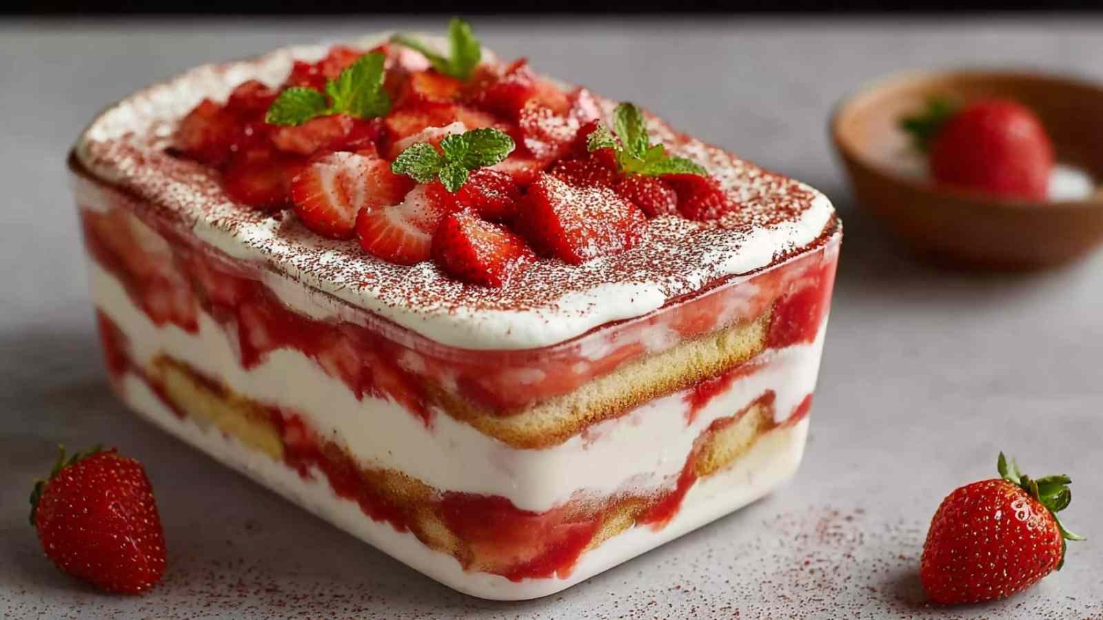 Tiramisu aux fraises express dans un plat transparent avec décoration de fraises