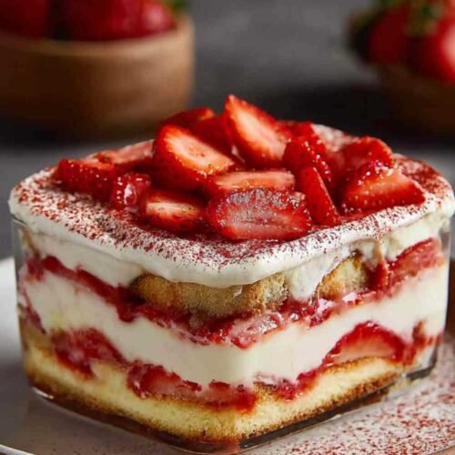 Tiramisu aux fraises express dans un plat transparent avec décoration de fraises