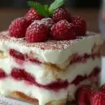 Tiramisu aux framboises dans un plat en verre avec des framboises fraîches en décoration