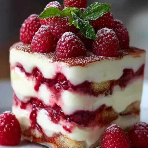 Tiramisu aux framboises dans un plat en verre avec des framboises fraîches en décoration