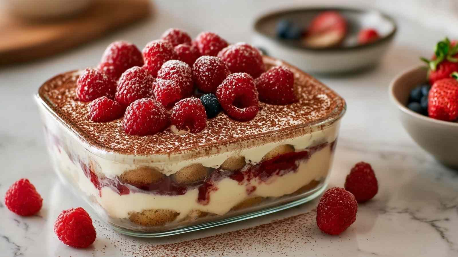 Tiramisu aux fruits rouges dans des verrines transparentes