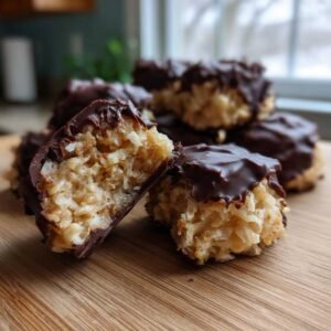 Gros plan sur un Almond Joy maison healthy coupé en deux, révélant la garniture à la noix de coco et le glaçage au chocolat noir.